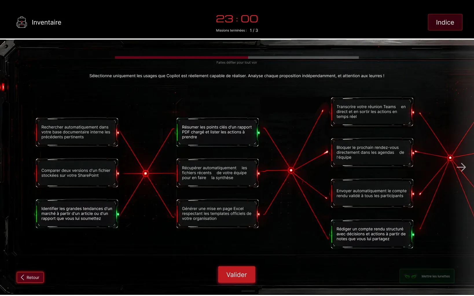 Adecco : défi du labyrinthe, des propositions d’usages de Copilot reliées par des lignes rouges, parmi lesquelles ne retenir que les vraies