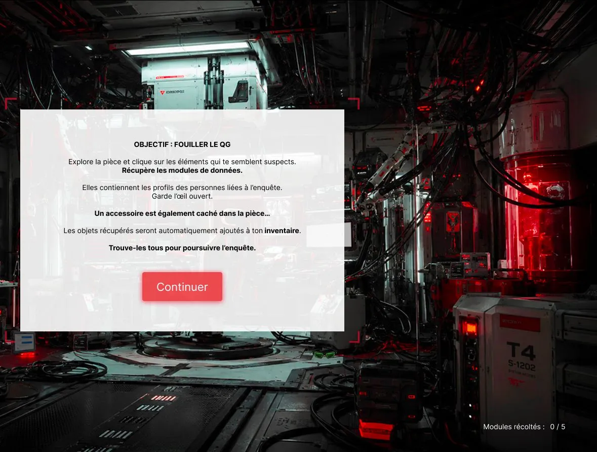 Adecco : écran « Objectif : fouiller le QG » du serious game Level Up IA, dans un quartier général futuriste éclairé de rouge