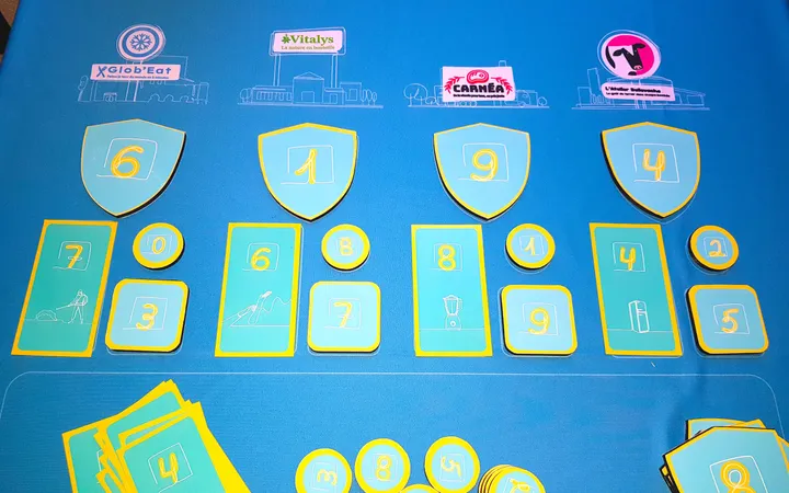 ADRIA : tapis de jeu bleu de l’escape game, avec écussons numérotés, cartes et jetons à placer sous les quatre entreprises du scénario
