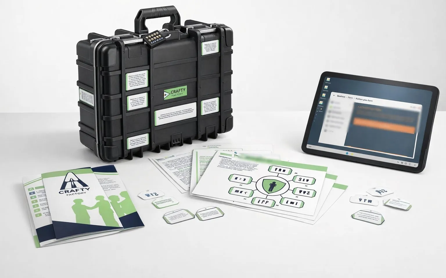 Rendu du kit « Crafty Factory » : mallette d’enquête noire à cadenas, tablette du volet digital, dépliant, fiches d’énigme et jetons