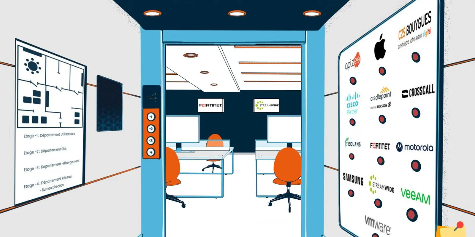 B.Talks 2024 : capture de l’escape game, un ascenseur ouvert sur un plateau de bureaux, le plan des quatre départements à gauche et le panneau des logos partenaires à droite