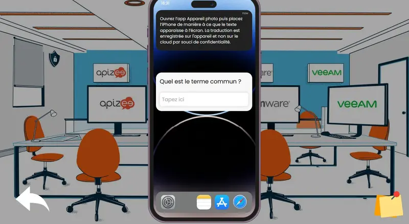 B.Talks 2024 : capture de l’escape game, un smartphone affiche une consigne et la question « Quel est le terme commun ? » au milieu des bureaux virtuels aux logos des partenaires