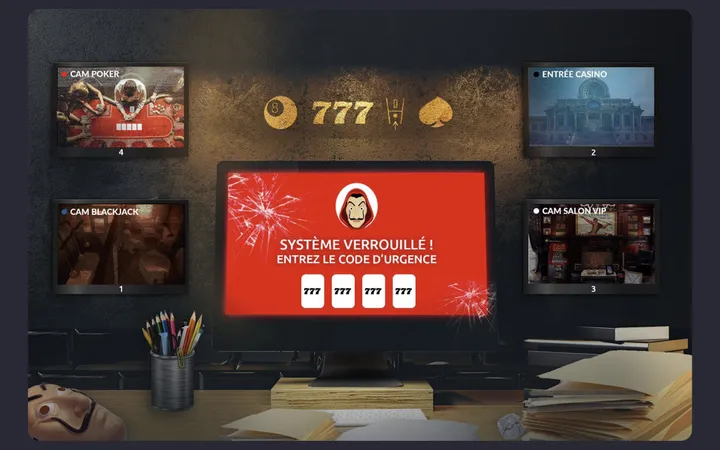 Capgemini : capture de l’escape game digital Casa de Cap’, bureau de la sécurité du casino avec l’écran rouge « Système verrouillé ! Entrez le code d’urgence » entouré de quatre caméras (poker, entrée, blackjack, salon VIP)