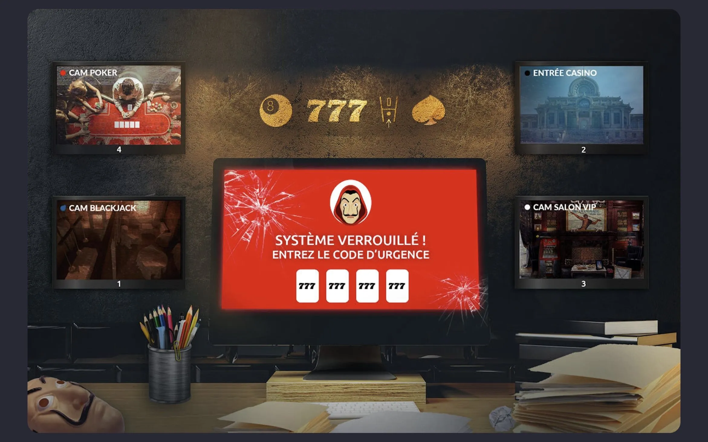 Capgemini : capture de l’escape game digital Casa de Cap’, bureau de la sécurité du casino avec l’écran rouge « Système verrouillé ! Entrez le code d’urgence » entouré de quatre caméras (poker, entrée, blackjack, salon VIP)