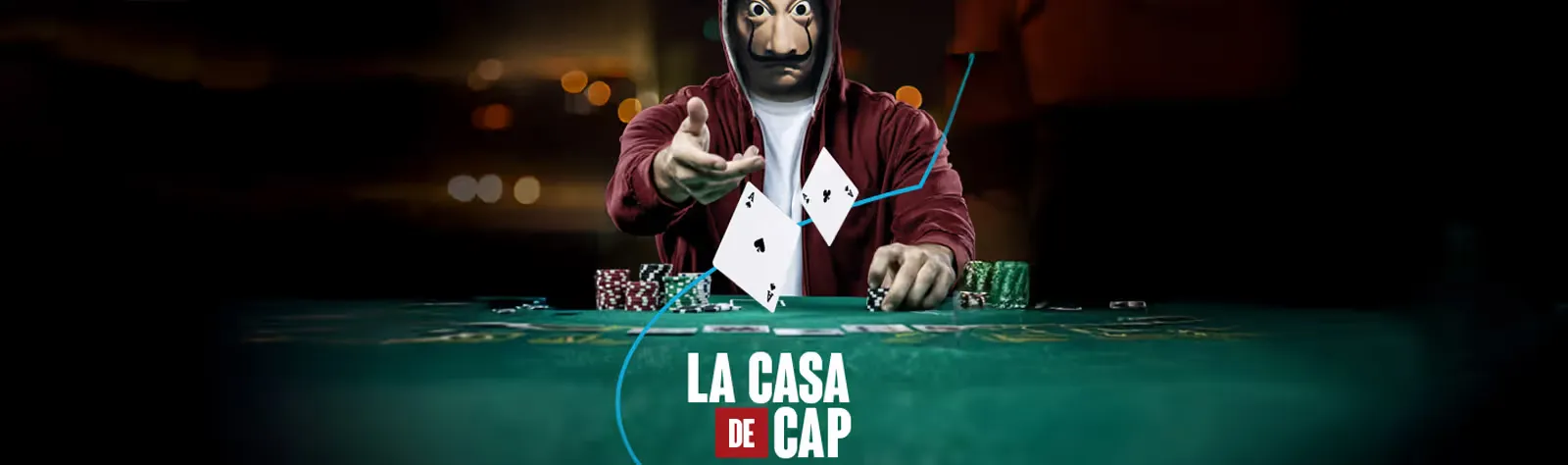 Visuel de « La Casa de Cap' », l'escape game digital conçu pour Capgemini : joueur au masque de Dalí lançant des cartes au-dessus d'une table de poker