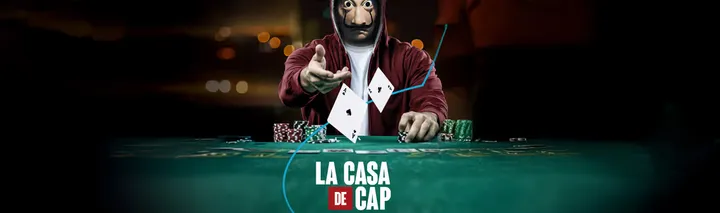 Visuel de « La Casa de Cap' », l'escape game digital conçu pour Capgemini : joueur au masque de Dalí lançant des cartes au-dessus d'une table de poker