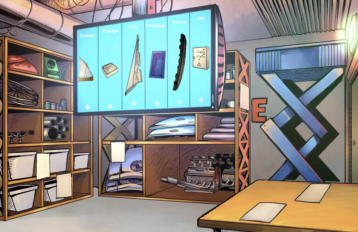 Décor illustré d'un escape game digital sur mesure : étagères d'atelier, grand écran de présentation et plan de travail