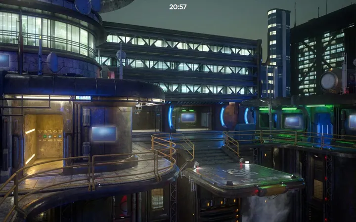 Cultura : capture de l’escape game digital, ville futuriste en 3D avec passerelles et écrans lumineux, minuteur « 20:57 » affiché en haut de l’écran