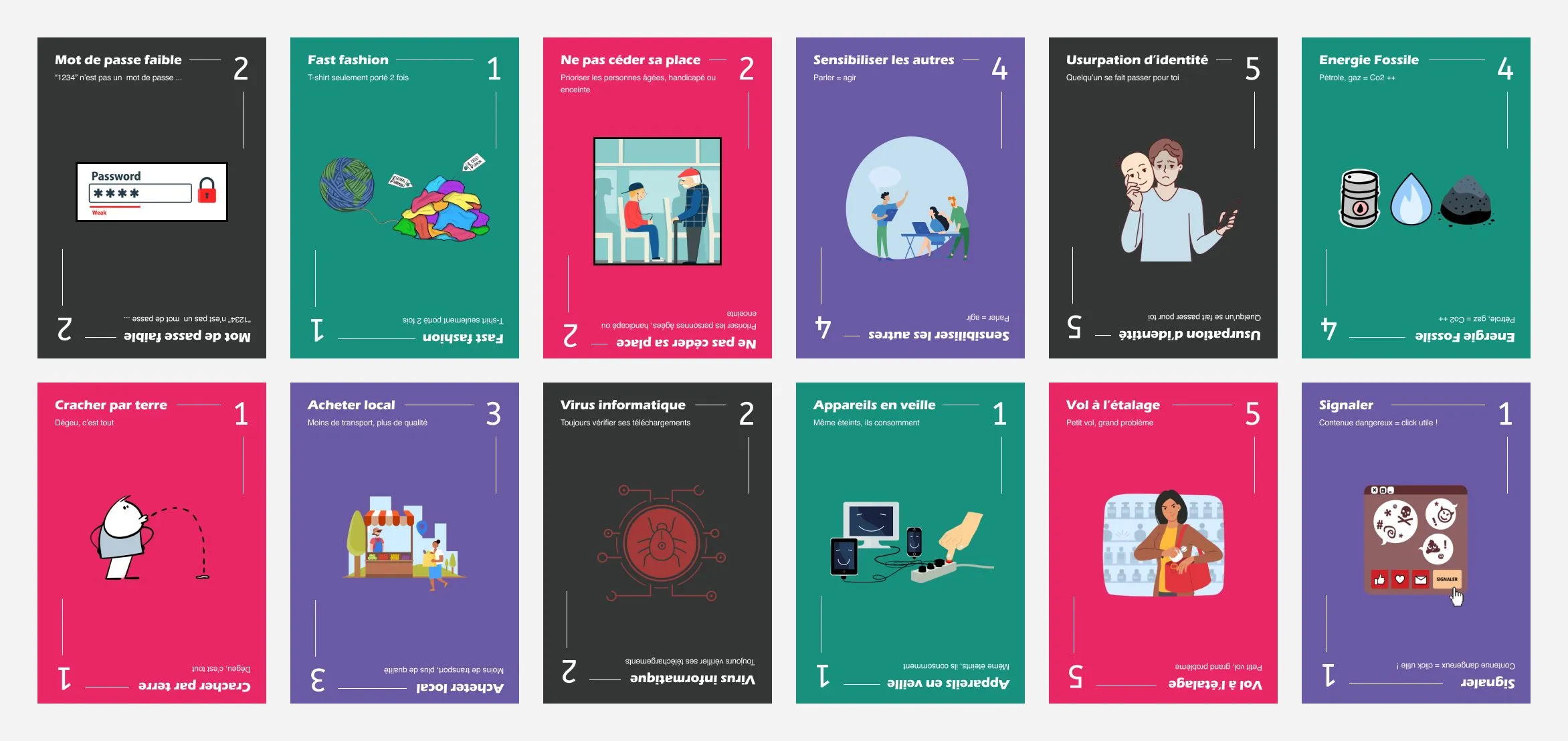 Escadrilles Air Jeunesse : douze cartes du stand « Mission savoir-être », du mot de passe faible à l’achat local, sur les dangers du numérique, l’environnement, les incivilités et les gestes citoyens