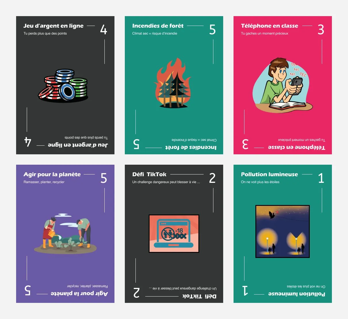 Escadrilles Air Jeunesse : six cartes du jeu, dont « Incendies de forêt », « Téléphone en classe » et « Agir pour la planète »