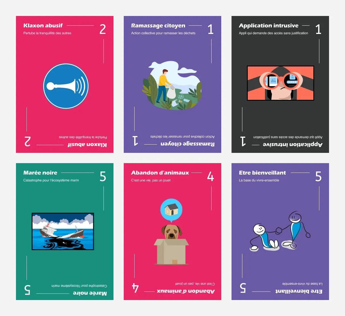 Escadrilles Air Jeunesse : six cartes du jeu, dont « Ramassage citoyen », « Marée noire » et « Être bienveillant »