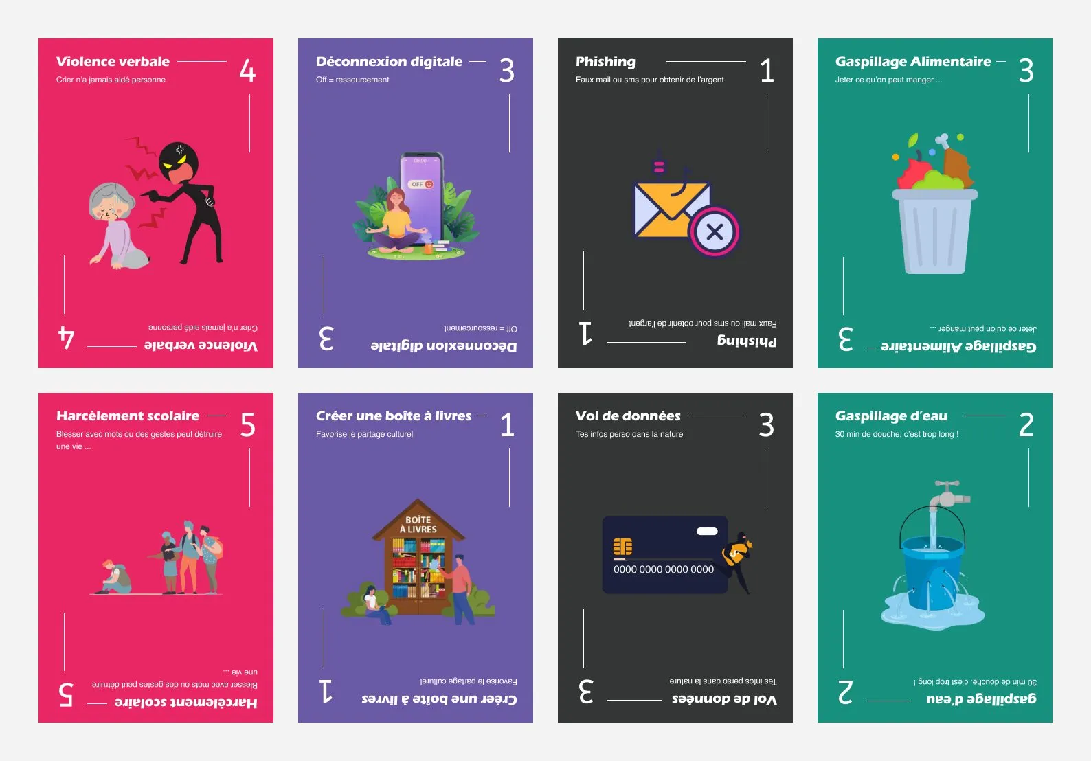 Escadrilles Air Jeunesse : huit cartes du jeu, dont « Violence verbale », « Phishing », « Créer une boîte à livres » et « Gaspillage d’eau »