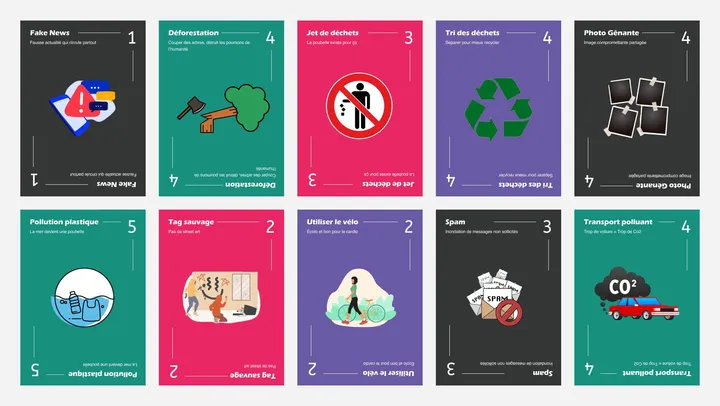 Escadrilles Air Jeunesse : dix cartes illustrées du stand « Mission savoir-être », de « Fake News » à « Transport polluant », en quatre familles de couleurs