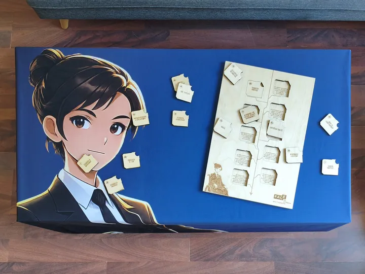 Face Fondation : tapis de jeu au personnage illustré et plateau en bois gravé où associer les métiers de l’industrie à leur description, pièces en bois posées autour