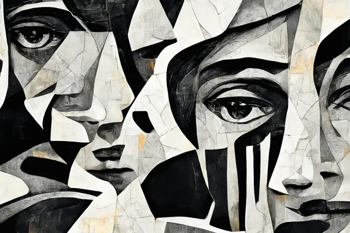 Finovox : œuvre de la galerie fictive, un tableau cubiste en noir et blanc fait de visages entremêlés