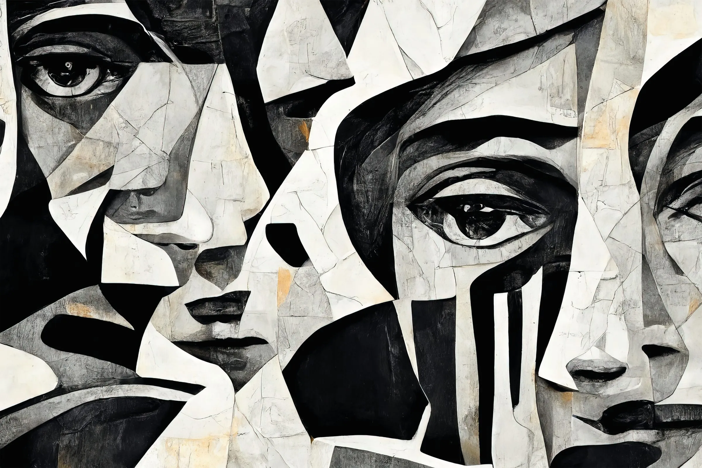 Finovox : œuvre de la galerie fictive, un tableau cubiste en noir et blanc fait de visages entremêlés