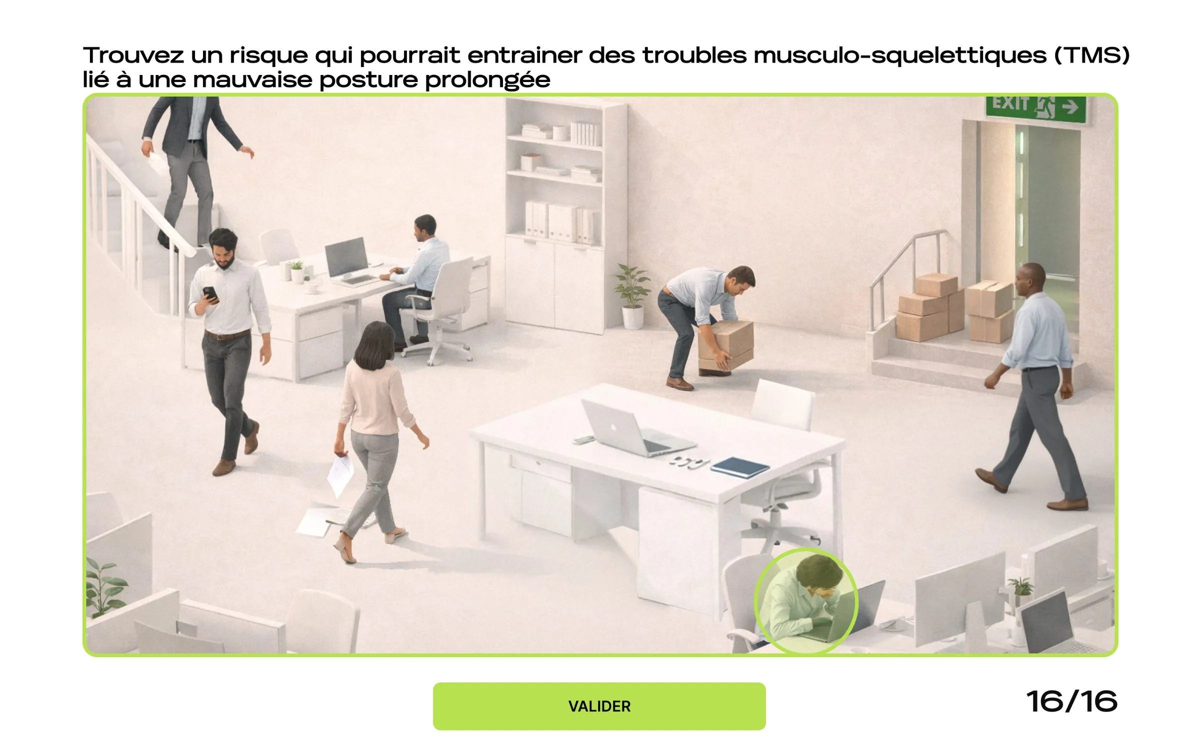Gecina : écran de la chasse aux risques, « Trouvez un risque qui pourrait entraîner des troubles musculo-squelettiques lié à une mauvaise posture prolongée », sur une scène d’open space