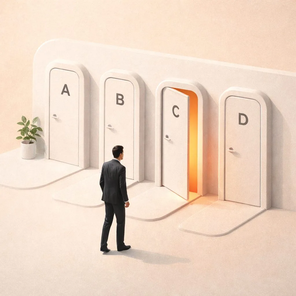 Gecina : visuel du défi « Respecter », un collaborateur devant quatre portes A, B, C et D, dont une entrouverte
