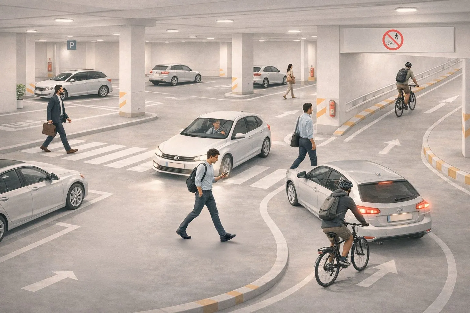 Gecina : scène de parking souterrain de la chasse aux risques, avec voitures, piétons et cycliste, où repérer le risque routier