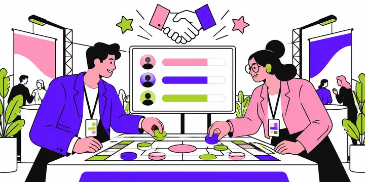 Illustration : deux partenaires jouent une partie sur une table de jeu d'un stand professionnel, devant un écran de classement