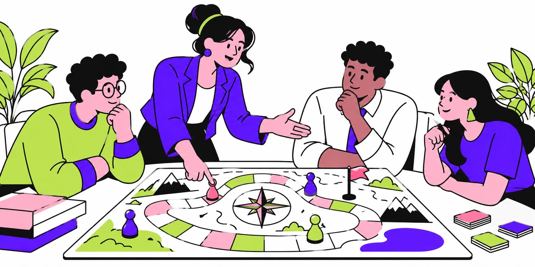 Illustration : une manageuse guide son équipe autour d'un plateau de jeu de stratégie, avec boussole, pions et drapeau