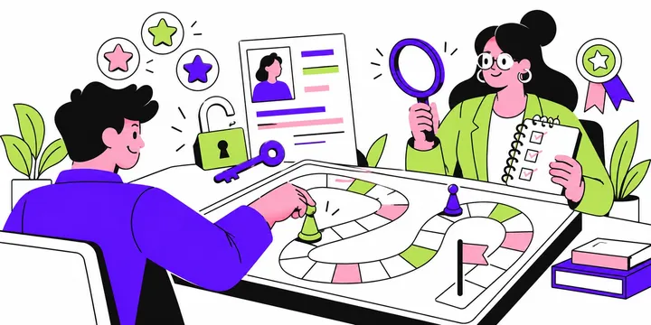 Illustration : un candidat avance son pion sur un plateau de jeu face à une recruteuse qui l'observe, loupe et grille d'évaluation en main