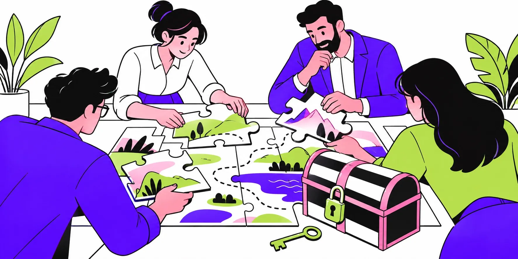 Illustration : quatre collègues assemblent ensemble un grand puzzle-carte, à côté d'un coffre cadenassé et d'une clé