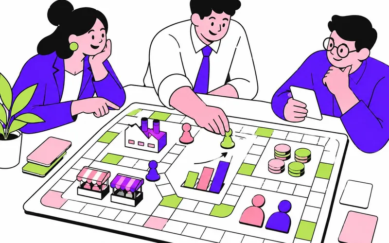 Illustration : une équipe autour d'un plateau de simulation d'entreprise, avec usine, finances, marché, pions et cartes de décision