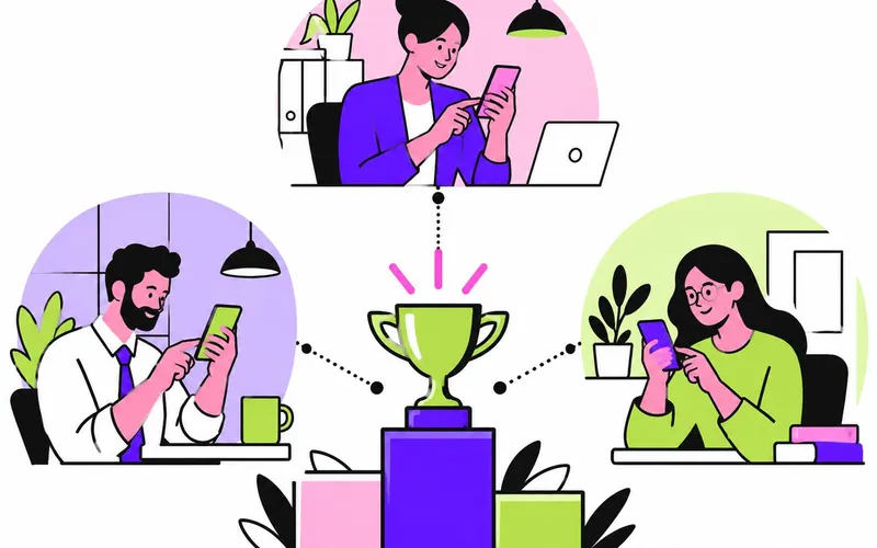 Illustration : trois collaborateurs sur des sites différents relèvent un défi sur smartphone, reliés à un podium et à un trophée