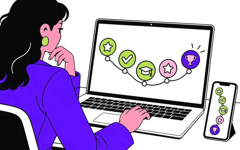 Illustration : une collaboratrice suit un parcours de formation sur ordinateur portable, avec des étapes et des badges, et la même progression sur smartphone