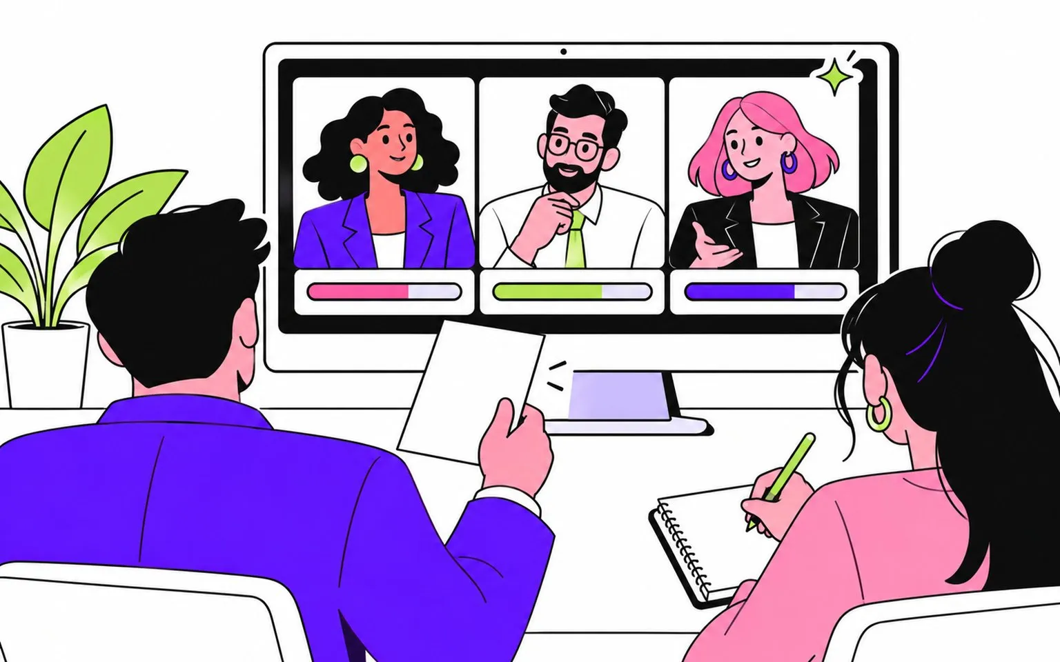 Illustration : deux collaborateurs face à un grand écran où trois personnages pilotés par l'IA, chacun avec sa jauge, réagissent à leurs arguments
