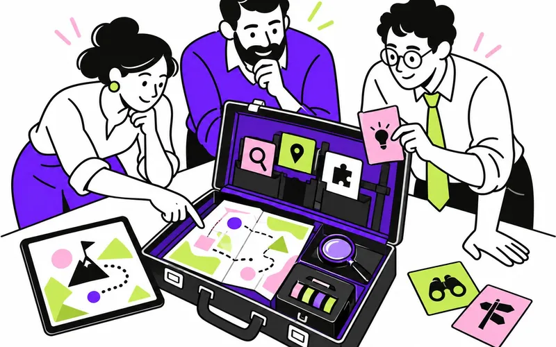 Illustration : trois collaborateurs penchés sur une mallette d'enquête ouverte, avec plan, cartes indices, loupe et tablette