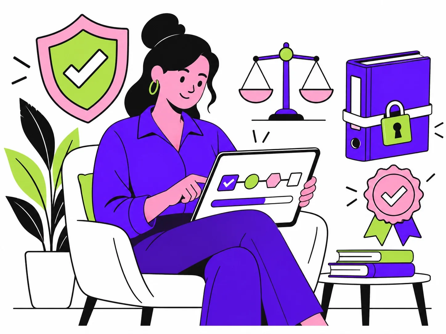 Illustration : dans un fauteuil, une collaboratrice suit un parcours de formation sur tablette, entourée d'un bouclier coché, d'une balance, d'un classeur cadenassé et d'une médaille