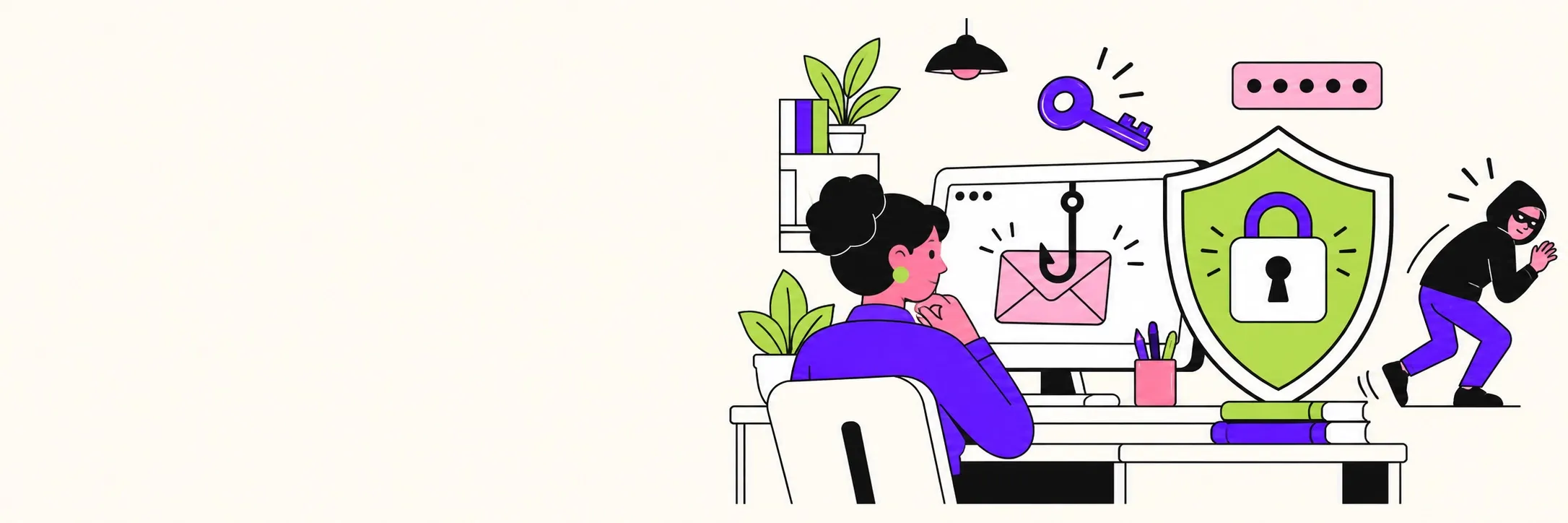 Illustration : à son poste, une collaboratrice repère un e-mail d'hameçonnage pendant qu'un pirate s'éloigne