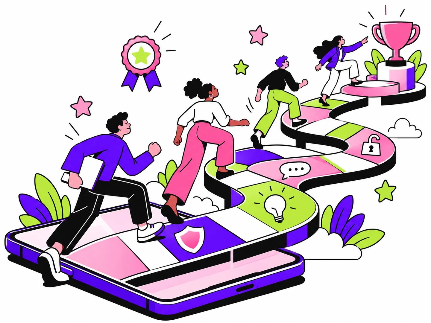 Illustration : des collaborateurs avancent sur un parcours de cases qui sort d'un smartphone, avec des défis (prévention, idée, échange, cadenas) jusqu'au podium et au trophée