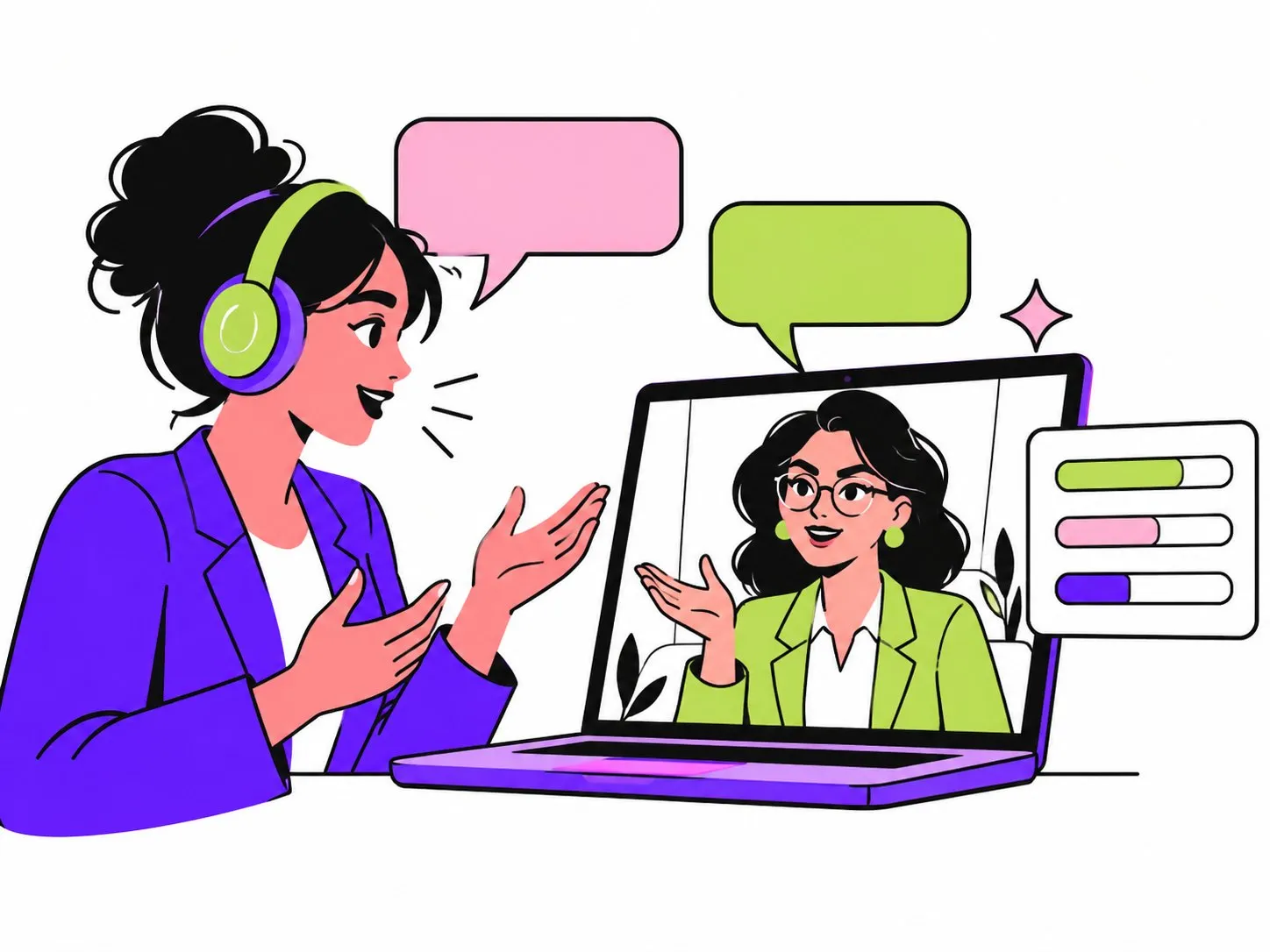 Illustration : une collaboratrice, casque sur les oreilles, échange avec une cliente virtuelle qui lui répond depuis l'écran d'un ordinateur, à côté d'un panneau de trois jauges