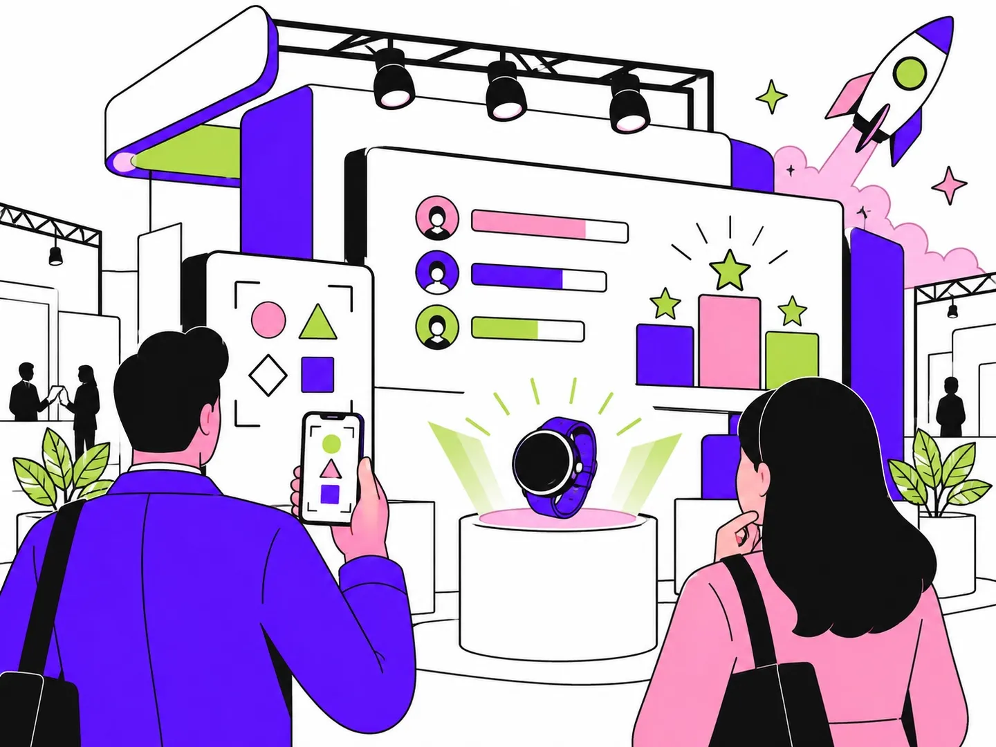 Illustration : sur un stand de salon, une montre connectée est dévoilée sur un socle devant un écran de classement, pendant qu'un visiteur scanne une énigme avec son smartphone