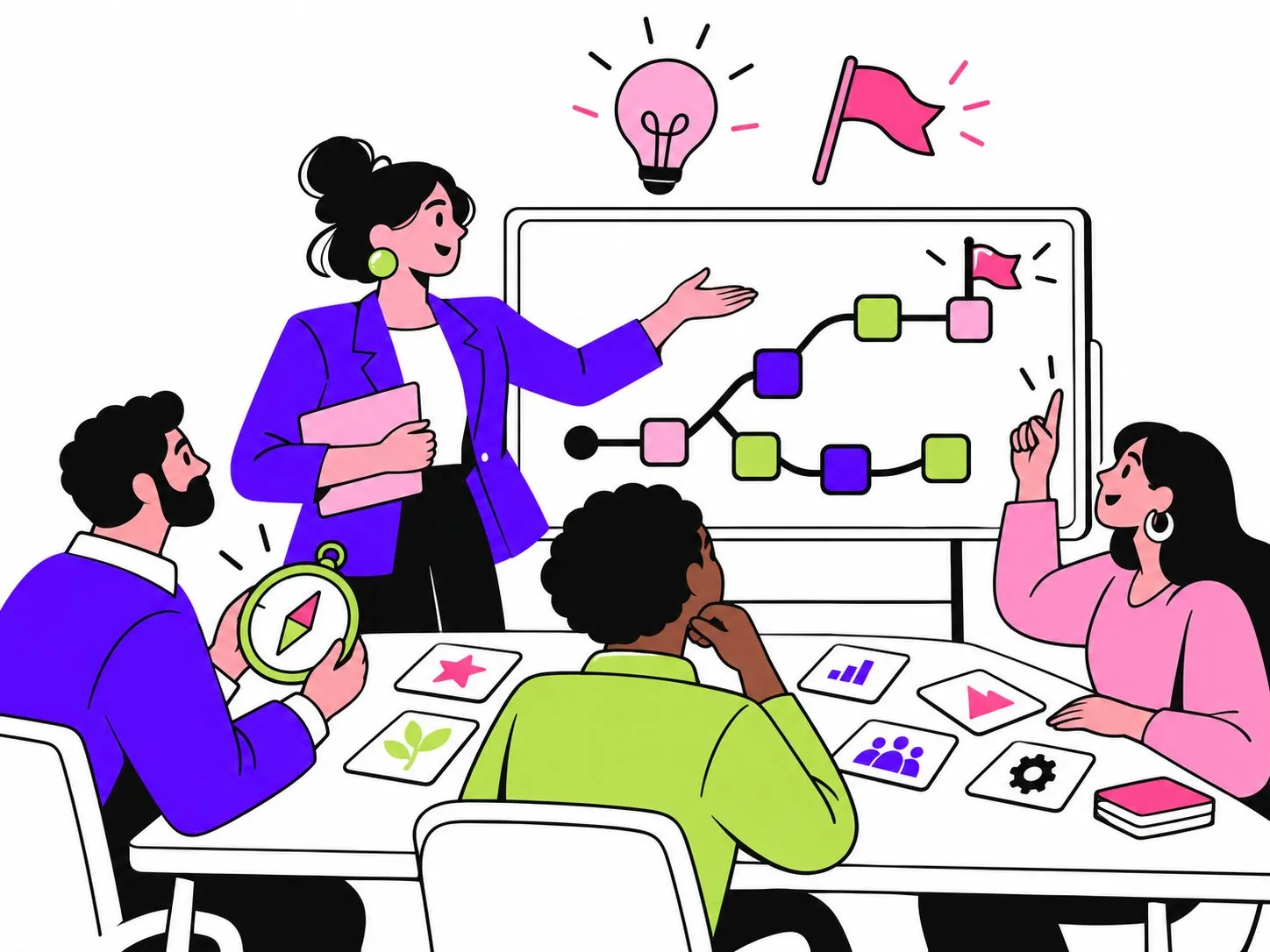 Illustration : une manageuse présente un parcours de décision à son équipe, réunie autour d'une table couverte de cartes de situation ; un collaborateur tient une boussole, une collaboratrice lève la main pour proposer une idée