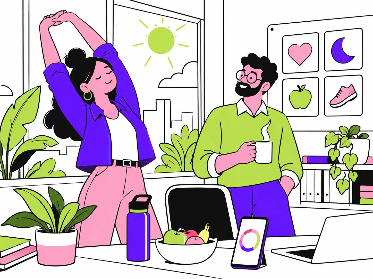 Illustration : dans un bureau lumineux, une collaboratrice s'étire pendant qu'un collègue boit une boisson chaude ; sur le bureau, une gourde, des fruits et un smartphone qui suit un challenge bien-être