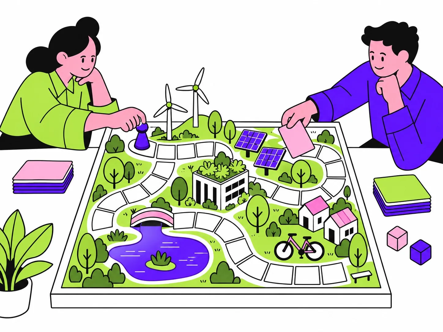 Illustration : deux collaborateurs jouent sur un plateau représentant une ville durable, avec éoliennes, panneaux solaires et vélo