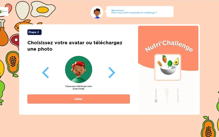 Plateforme Nutri’Challenge : écran d’inscription « Étape 2 : choisissez votre avatar ou téléchargez une photo », sur un fond illustré de fruits et de légumes