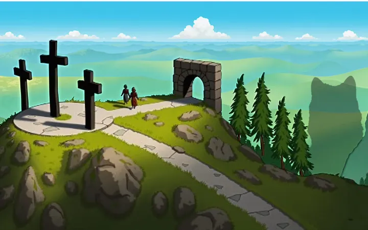 Secrète Margeride : trois croix au sommet d’une colline, deux promeneurs sur le sentier et une arche de pierre, paysage illustré de la Margeride