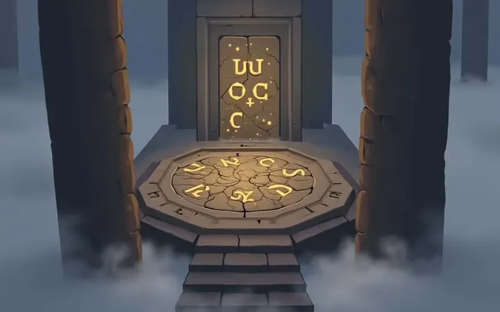 Décor du jeu : porte de pierre gravée de runes lumineuses et dalle octogonale entre deux piliers, dans la brume
