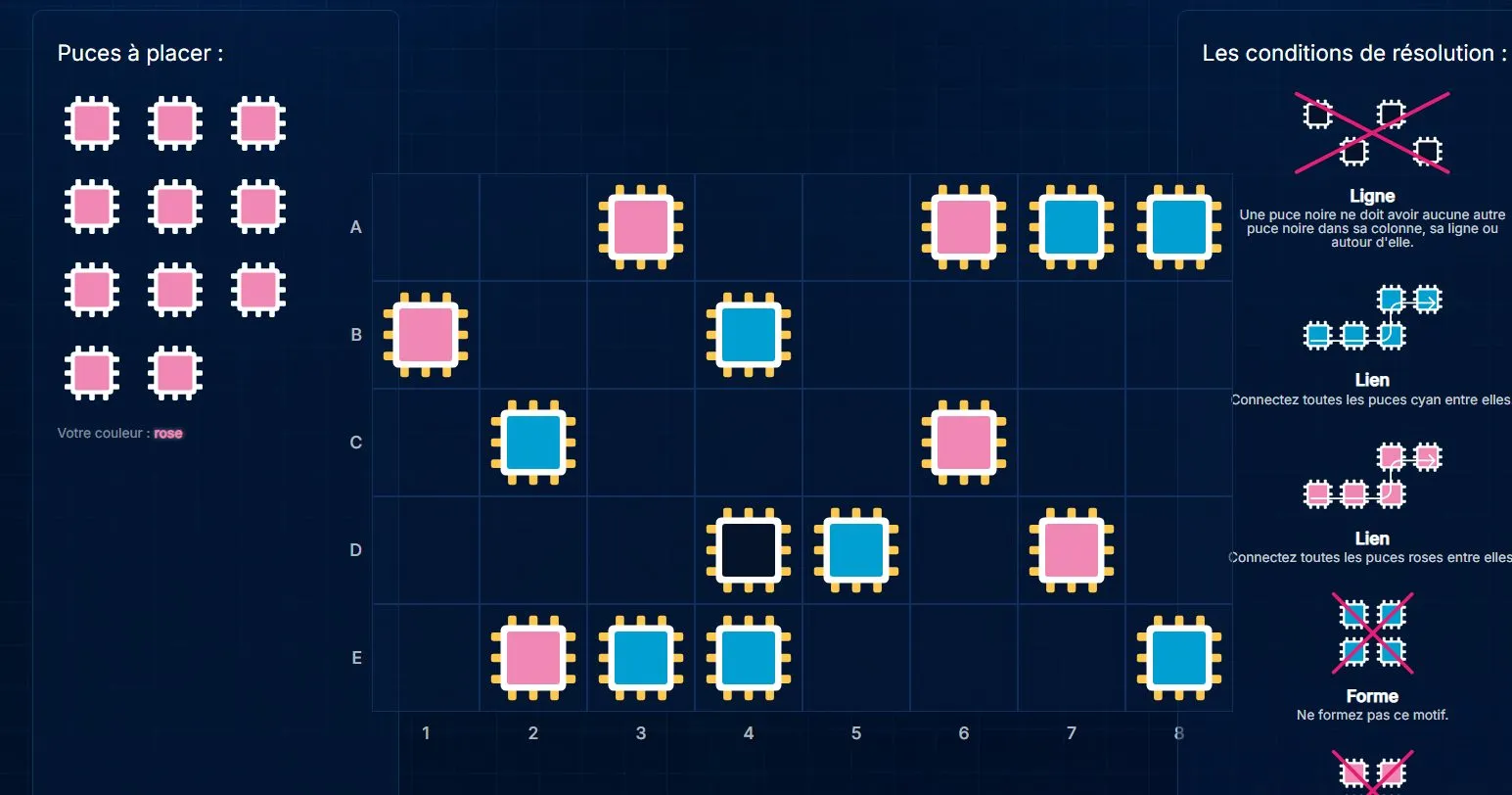 Naval Group 2026 : capture du puzzle de puces du second temps fort, une grille où placer des puces roses et bleues en respectant des conditions de résolution