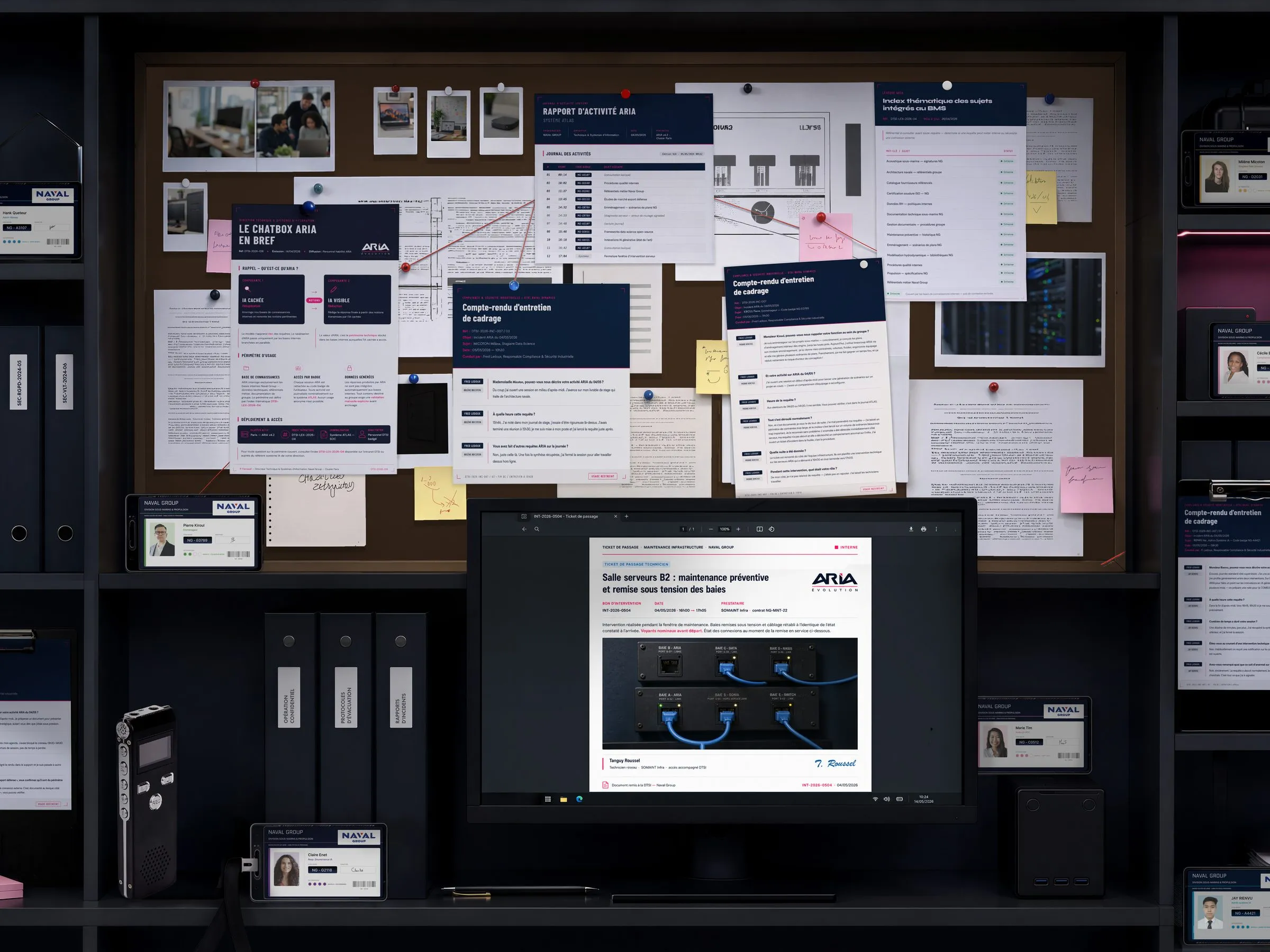 Naval Group 2026 : décor du bureau d’enquête de la recherche visuelle, un tableau de liège couvert de documents ARIA, des badges de personnages fictifs sur les étagères et un écran affichant un ticket d’intervention