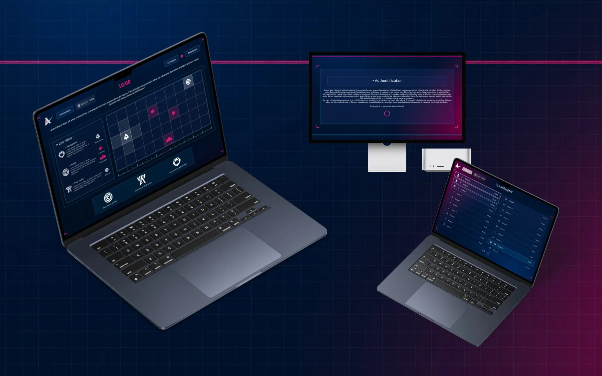 Naval Group 2026 : maquettes de l’application du challenge sur deux ordinateurs portables et un écran, avec la grille de navigation et ses rôles, l’écran d’authentification et le classement des équipes