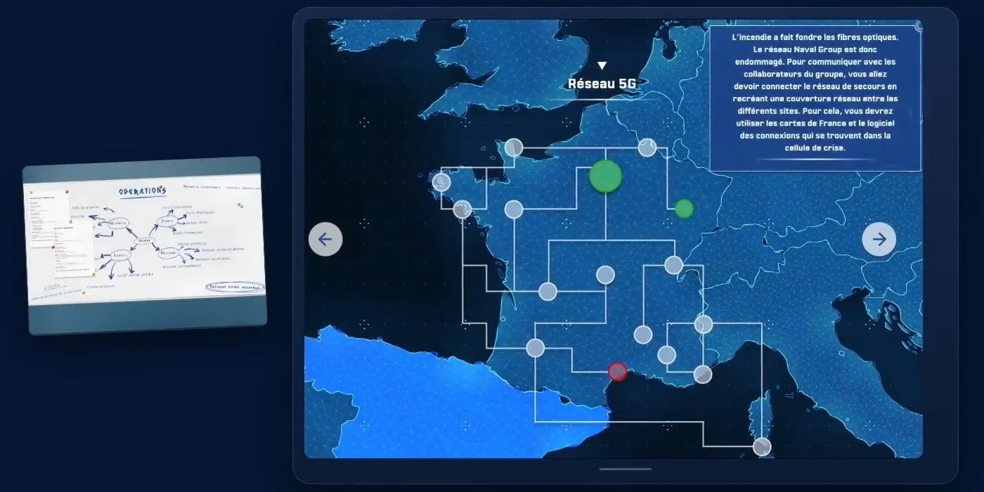 Naval Group : énigme « Réseau 5G » du serious game digital, carte de France dont il faut reconnecter les sites, à côté du schéma « Opérations »