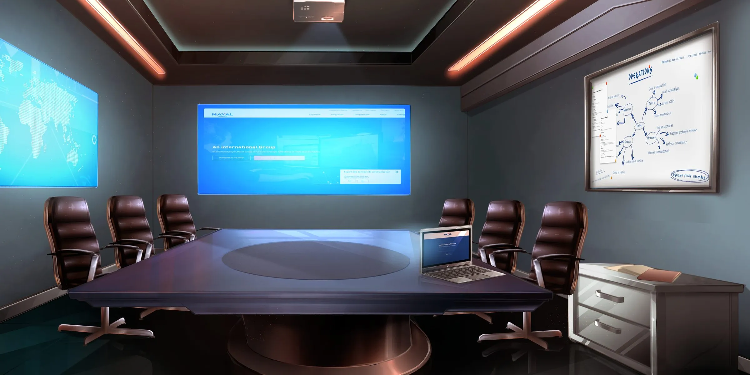 Serious game d'enquête de Naval Group : décor illustré de la salle de réunion, avec grande table, fauteuils, écrans muraux et tableau blanc couvert d'un schéma