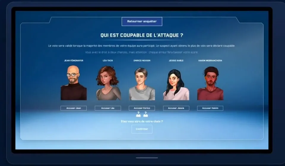 Naval Group : écran final « Qui est coupable de l'attaque ? » du serious game digital, où l'équipe vote pour l'un des cinq suspects illustrés