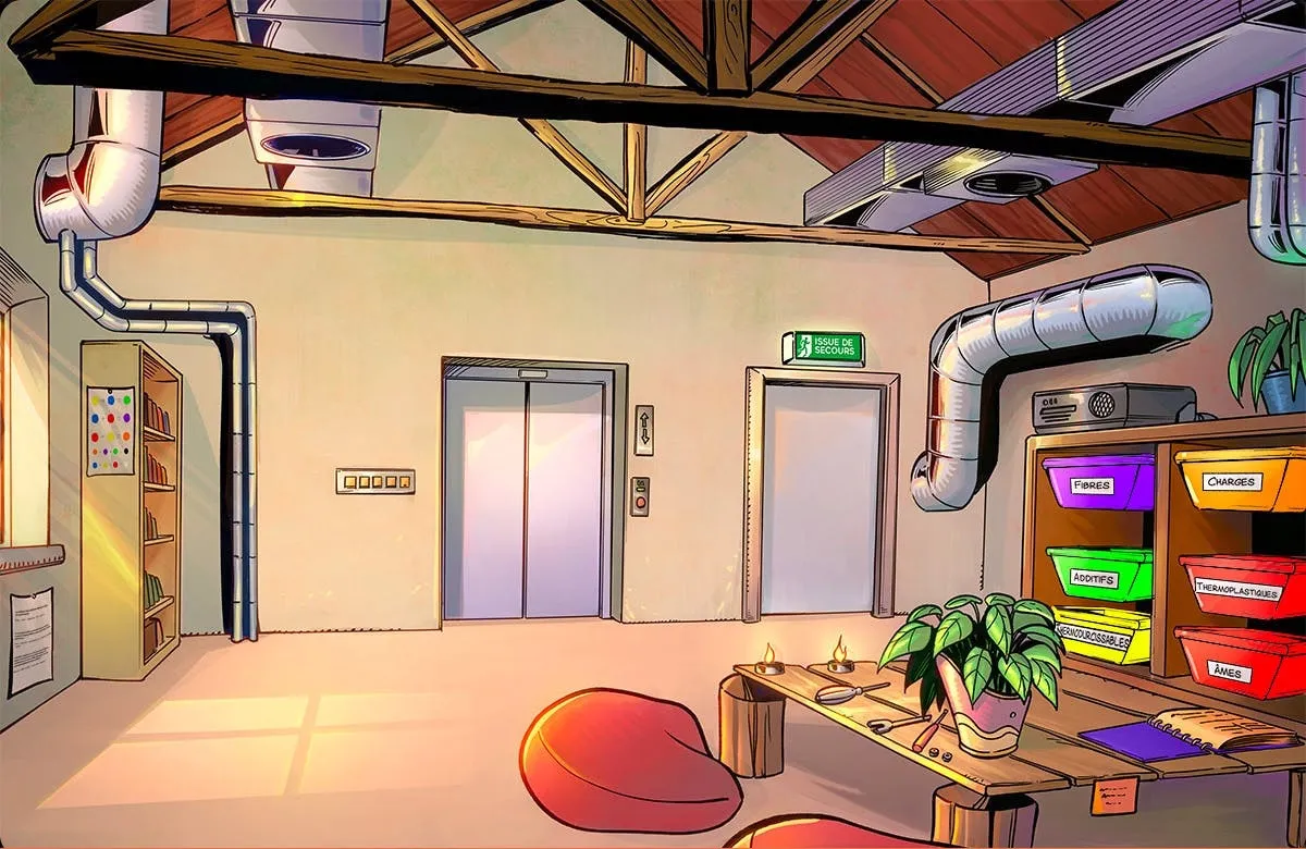 Polyvia Formation : décor illustré de la version digitale de l’escape game, un laboratoire avec deux portes d’ascenseur et des bacs étiquetés « Fibres », « Charges » et « Additifs »